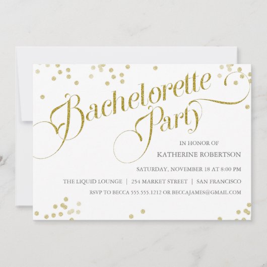Confetti Glitter Bachelorette Party Invite, goud Kaart (Voorkant)