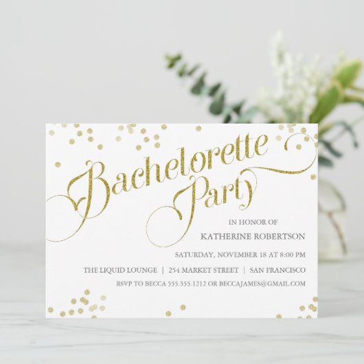 Confetti Glitter Bachelorette Party Invite, goud Kaart (Staand voorkant)