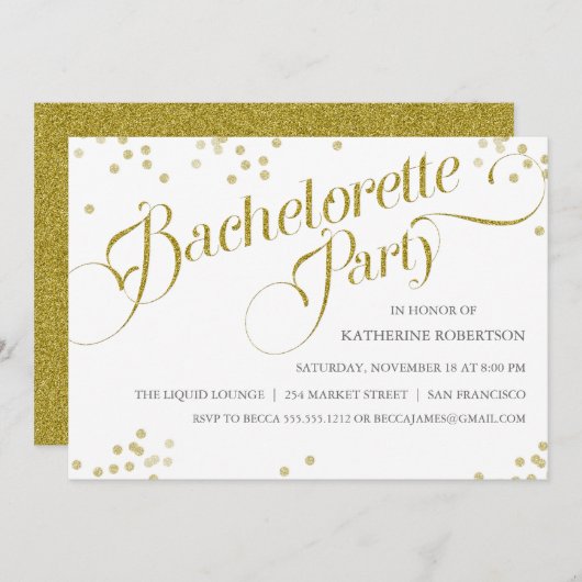 Confetti Glitter Bachelorette Party Invite, goud Kaart (Voorkant / Achterkant)