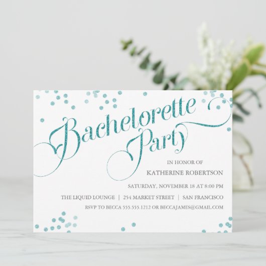 Confetti Glitter Bachelorette Party nodigt blauwgr Kaart (Staand voorkant)