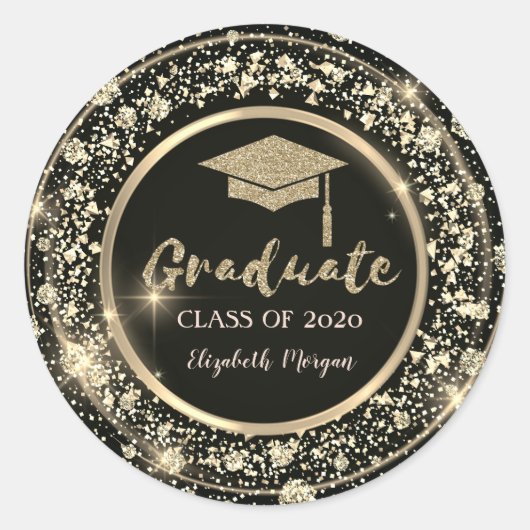 Confetti, Glitter Graduation Cap Ronde Sticker (Voorkant)