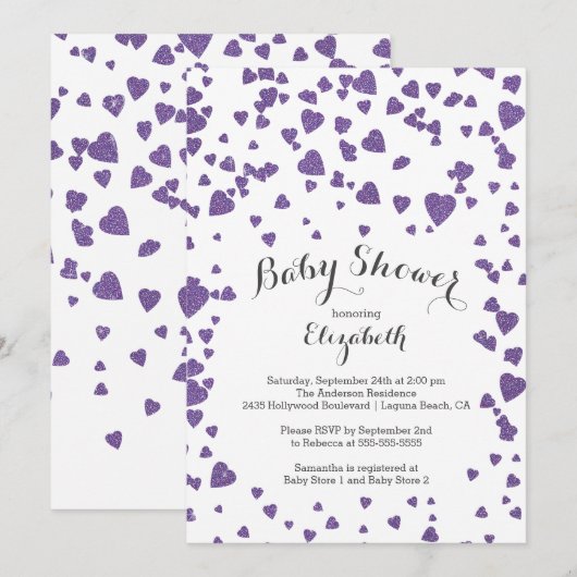 Confetti Glitter Heart Baby shower Uitnodiging (Voorkant / Achterkant)