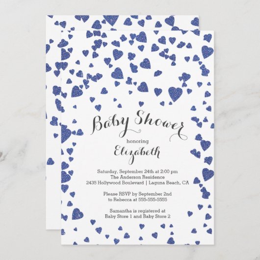 Confetti Glitter Heart Baby shower Uitnodiging (Voorkant / Achterkant)