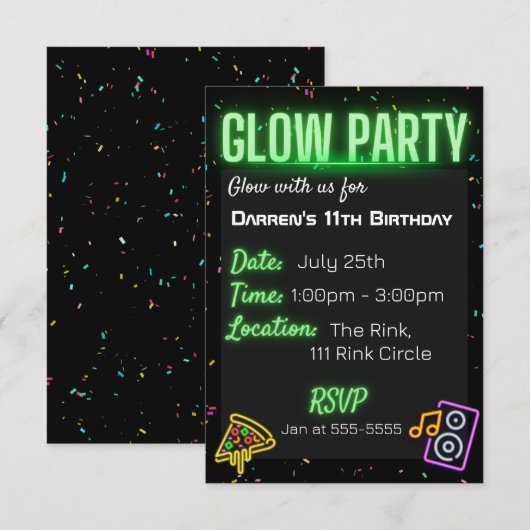 Confetti Glow Party Kids Verjaardagsfeestuitnodigi Kaart (Voorkant / Achterkant)