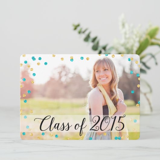 Confetti Gold Blauwgroen Blue Photo 2015 Afstudere Kaart (Staand voorkant)