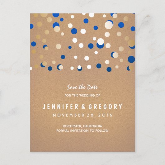 Confetti Gold en Blue slaan de datum op Aankondigingskaart (Voorkant)