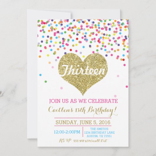 Confetti Gold Glitter Birthday Uitnodiging (Voorkant)