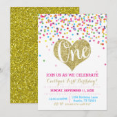 Confetti Gold Glitter eerste verjaardagsuitnodigin Kaart (Voorkant / Achterkant)
