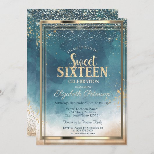 Confetti Gold Lijst Waterverf Splash Sweet 16 Kaart (Voorkant / Achterkant)