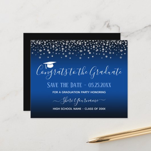 Confetti Graduation Party Save the Date Invitation (Voorkant / Achterkant in situ)