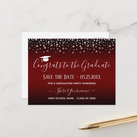 Confetti Graduation Party Save the Date Invitation Briefkaart (Voorkant / Achterkant in situ)