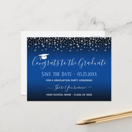 Confetti Graduation Party Save the Date Invitation Briefkaart (Voorkant / Achterkant in situ)