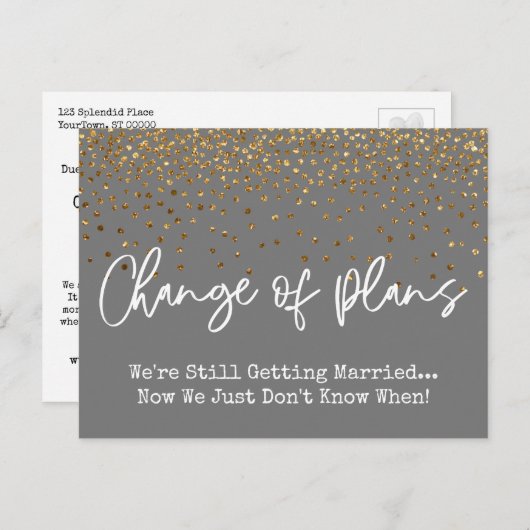 Confetti Grey Change of Plan Postponed Wedding Briefkaart (Voorkant / Achterkant)