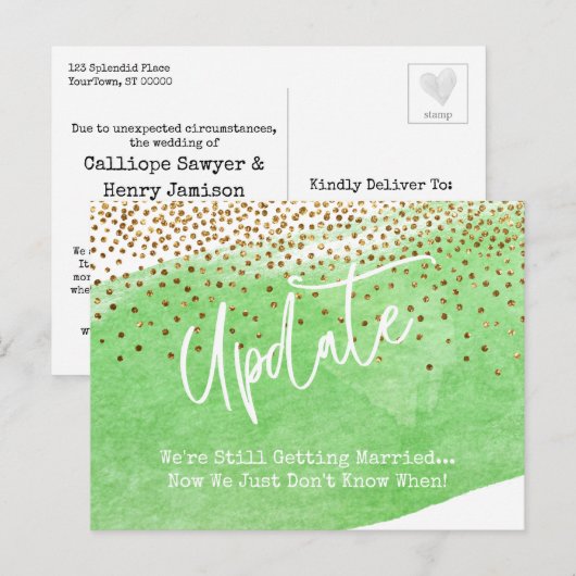 Confetti & Groene Borstel Uitgestelde Huwelijksupd Briefkaart (Voorkant / Achterkant)