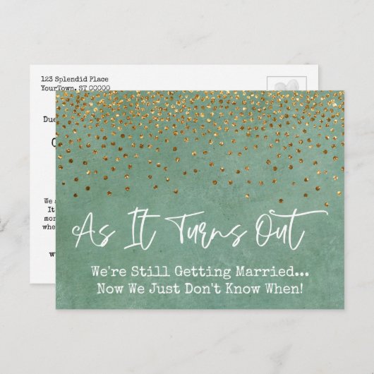 Confetti & Grunge Groen Sassy Uitgestelde bruiloft Briefkaart (Voorkant / Achterkant)