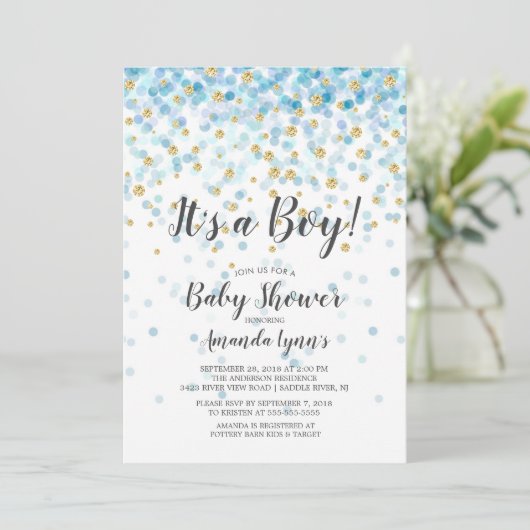 Confetti Het is een Boy Baby shower Uitnodiging (Staand voorkant)