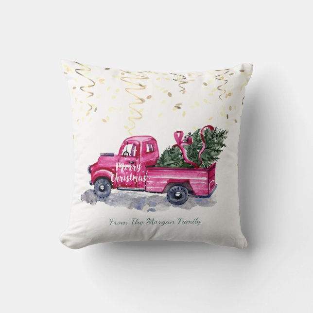 Confetti, Kerst Roze Truck Dennenboom   Kussen (Voorkant)
