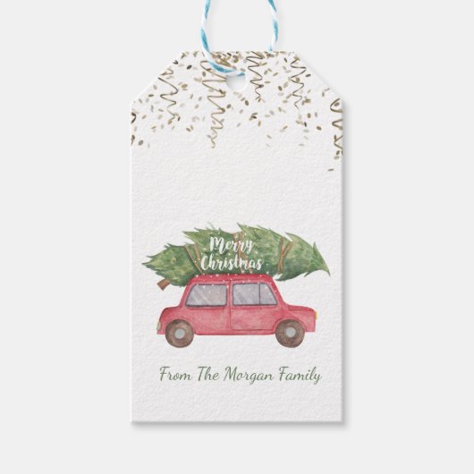 Confetti, Kerstmis Rode Auto Dennnenboom Cadeaulabel (Voorkant)