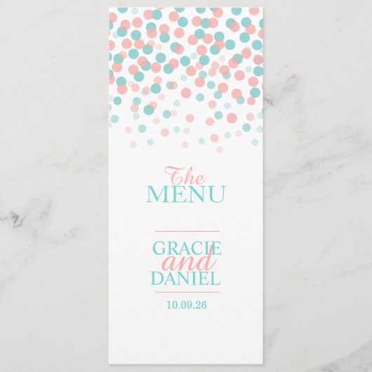 Confetti Koraal oranje blauwgroen Groen Trouwmenu Menu (Voorkant)