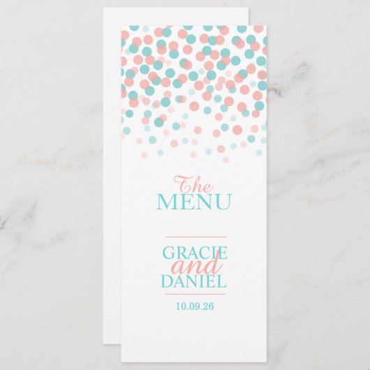 Confetti Koraal oranje blauwgroen Groen Trouwmenu Menu (Voorkant / Achterkant)