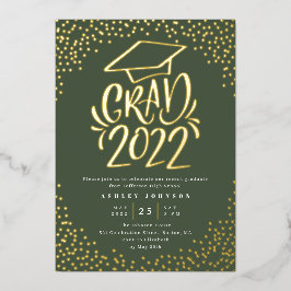 Confetti Lettered Grad 2022 Afstudeerfeest Groen Folie Uitnodiging