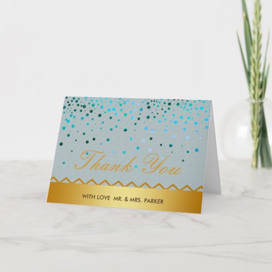 Confetti linnen gouden glitter faux bruiloft dank  bedankkaart (Voorkant)