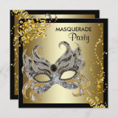 Confetti Mask Black Gold Masquerade Party Kaart (Voorkant / Achterkant)