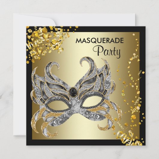 Confetti Mask Black Gold Masquerade Party Kaart (Voorkant)