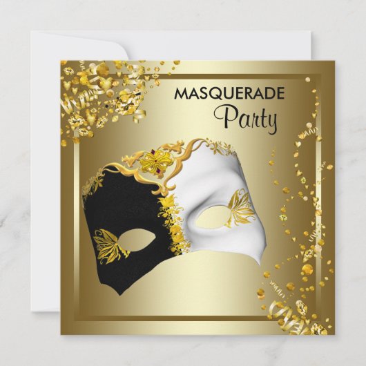 Confetti Mask Black Gold Masquerade Party Kaart (Voorkant)