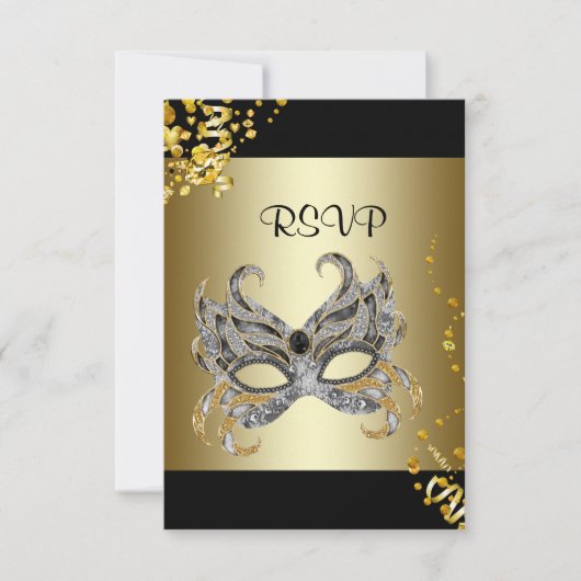 Confetti Mask Black Gold Masquerade Party RSVP (Voorkant)