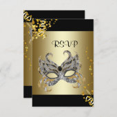 Confetti Mask Black Gold Masquerade Party RSVP (Voorkant / Achterkant)