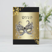 Confetti Mask Black Gold Masquerade Party RSVP Kaartje (Staand voorkant)