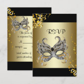 Confetti Mask Black Gold Masquerade Party RSVP Kaartje (Voorkant / Achterkant)