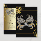 Confetti Mask Black Gold Masquerade Party RSVP Kaartje (Voorkant / Achterkant)