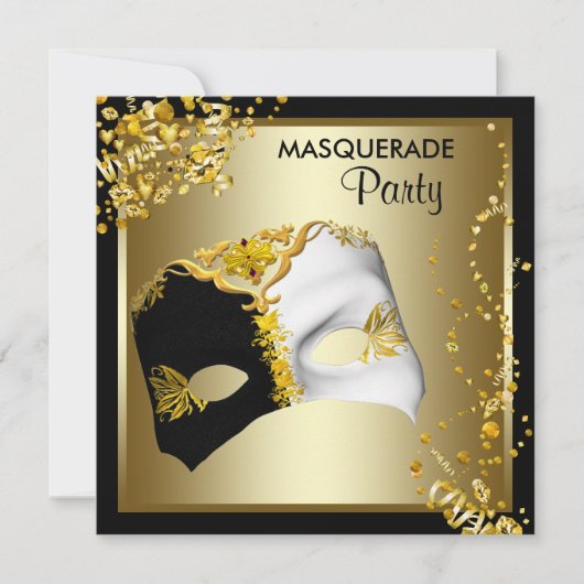 Confetti Masker Zwart Goud Maskerade Feest Kaart (Voorkant)