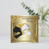 Confetti Masker Zwart Goud Masquerade Feest Kaart (Staand voorkant)