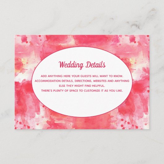Confetti Modern Pink Waterverf Weddenschap Details Informatiekaartje (Voorkant)