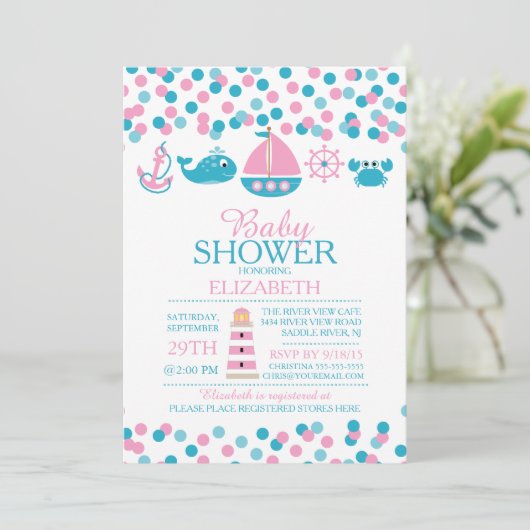 Confetti nautische meisjes Baby shower uitnodiging (Staand voorkant)