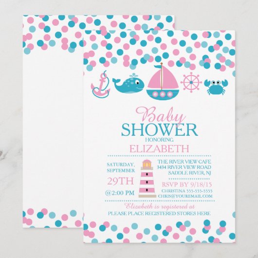 Confetti nautische meisjes Baby shower uitnodiging (Voorkant / Achterkant)