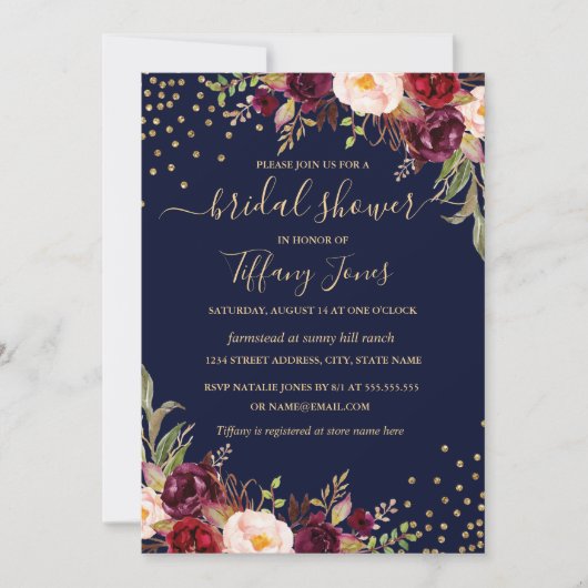 Confetti Navy Bourgogne Goud Bloemen Vrijgezellenf Kaart (Voorkant)