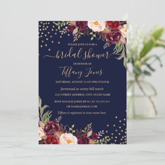 Confetti Navy Bourgogne Goud Bloemen Vrijgezellenf Kaart (Staand voorkant)