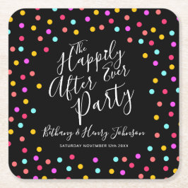 Confetti op zwart gelukkig ooit na trouwfeest kartonnen onderzetters
