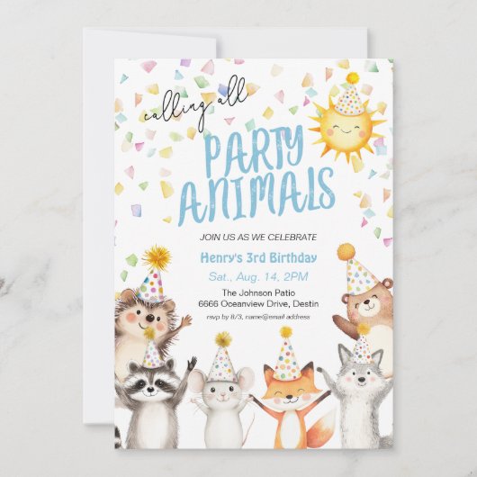 Confetti Party Forest Animals Party Petten Verjaar Kaart (Voorkant)