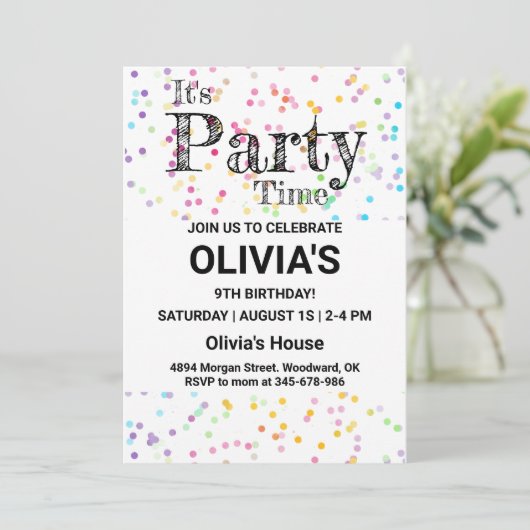 Confetti party nodigt uit, het is tijd van de Part Kaart (Staand voorkant)