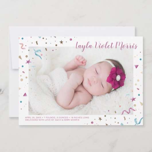 Confetti Party roze en Blue Sparkle Birth Aankondiging (Voorkant)