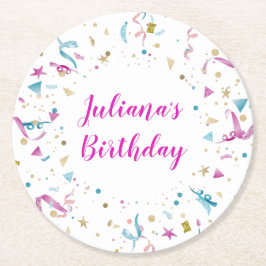 Confetti Party roze en Blue Sparkle Birthday Ronde Kartonnen Onderzetter