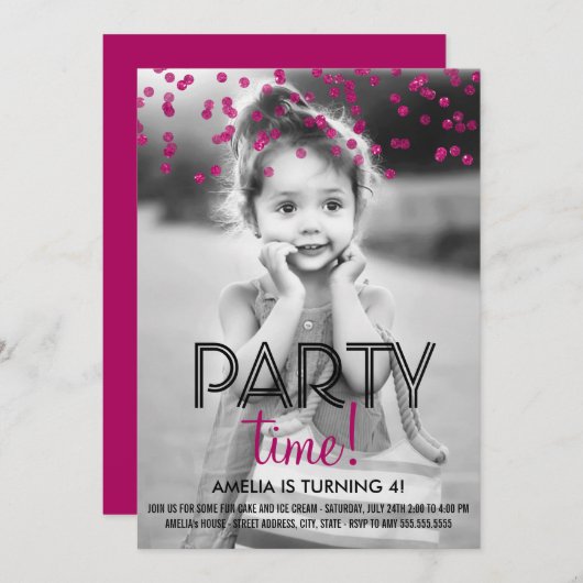 Confetti Party Time Foto Verjaardagsfeest Uitnodig Kaart (Voorkant / Achterkant)
