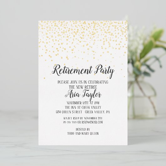 Confetti Pensioenregeling Gold Folie Uitnodiging (Staand Voorkant)