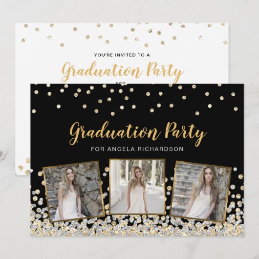Confetti Photo Collage Gold Graduation Party Kaart (Voorkant / Achterkant)