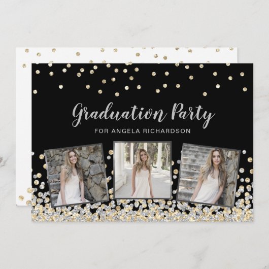 Confetti Photo Collage Silver Graduation Party Kaart (Voorkant / Achterkant)